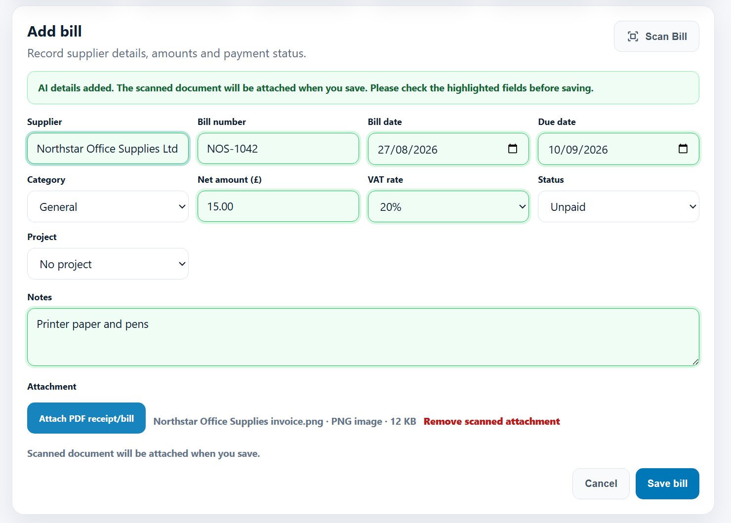 Add Bill screen with AI-suggested details highlighted for review before saving